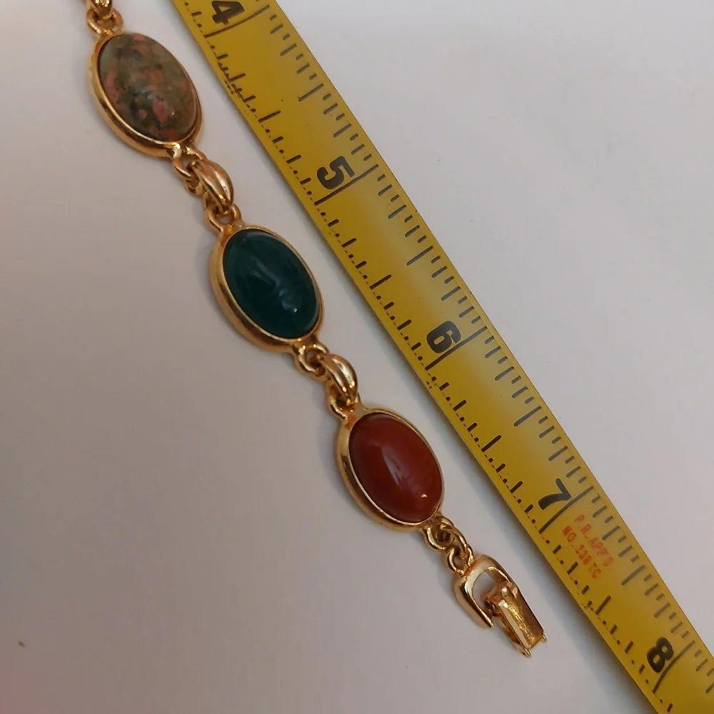Multi Stones Scarab Bracelet Gold Tone Links Semiprecious Gems - Picture 8 of 9